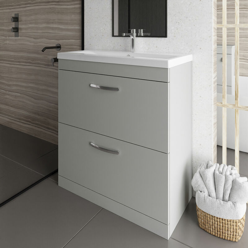 Athena Floor Standing 2-Drawer Vanity Unit with Basin-2 800mm Wide - Gloss Grey Mist - Nuie