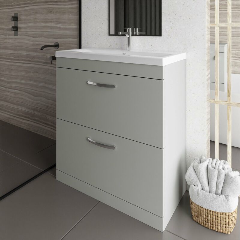 Athena Floor Standing 2-Drawer Vanity Unit with Basin-3 800mm Wide - Gloss Grey Mist - Nuie