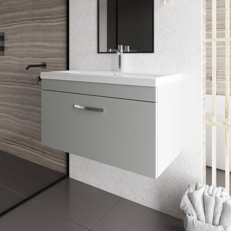 Athena Wall Hung 1-Drawer Vanity Unit with Basin-2 800mm Wide - Gloss Grey Mist - Nuie
