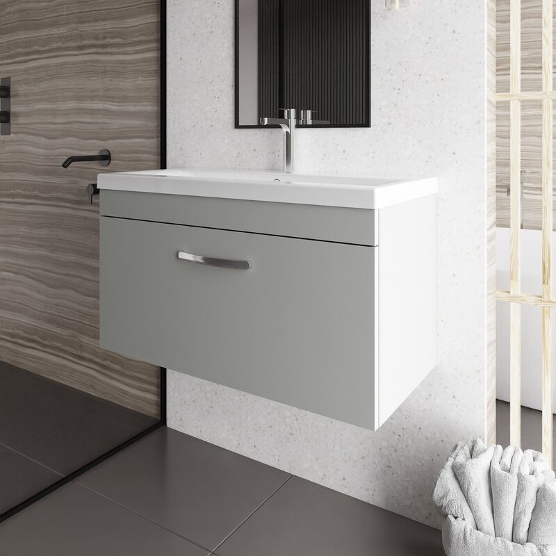 Athena Wall Hung 1-Drawer Vanity Unit with Basin-3 800mm Wide - Gloss Grey Mist - Nuie