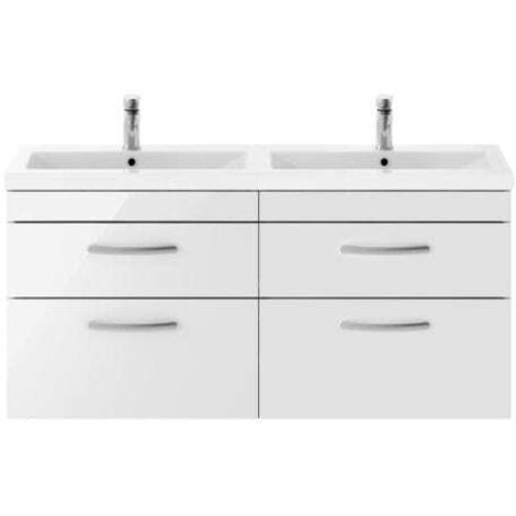 Nuie Athena Gloss White 1200mm Wall Hung 4 Drawer Vanity Unit and Double Ceramic Basins - ATH048F