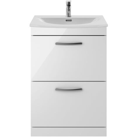 Nuie Athena Gloss White 600mm 2 Drawer Vanity Unit and Curved Ceramic Basin - ATH034G