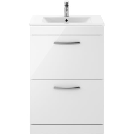 Nuie Athena Gloss White 600mm 2 Drawer Vanity Unit and Minimalist Ceramic Basin - ATH034B
