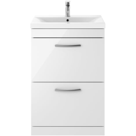 Nuie Athena Gloss White 600mm 2 Drawer Vanity Unit and Thin Edge Ceramic Basin - ATH034D
