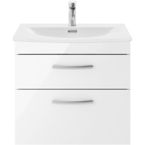 Nuie Athena Gloss White 600mm Wall Hung 2 Drawer Vanity Unit and Curved Ceramic Basin - ATH048G