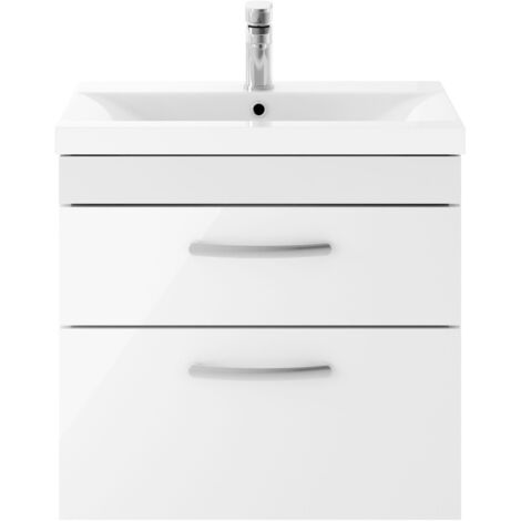 Nuie Athena Gloss White 600mm Wall Hung 2 Drawer Vanity Unit and Thin Edge Ceramic Basin - ATH048D
