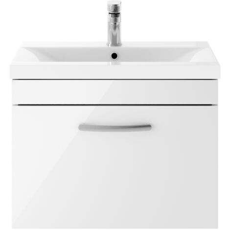 Nuie Athena Gloss White 600mm Wall Hung Single Drawer Vanity Unit and Mid Edge Ceramic Basin - ATH041A