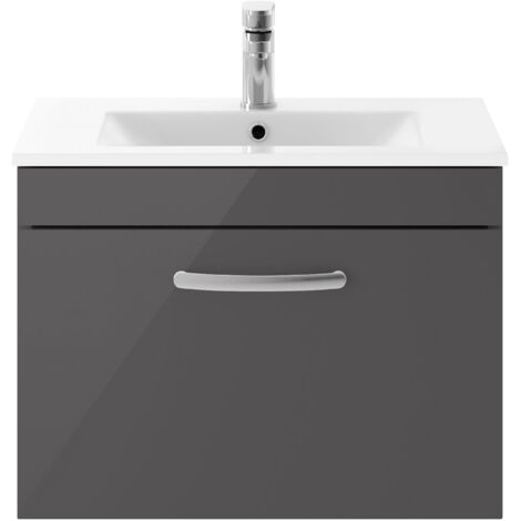 Nuie Athena Wall Hung 1-Drawer Vanity Unit with Basin-2 600mm Wide - Gloss Grey