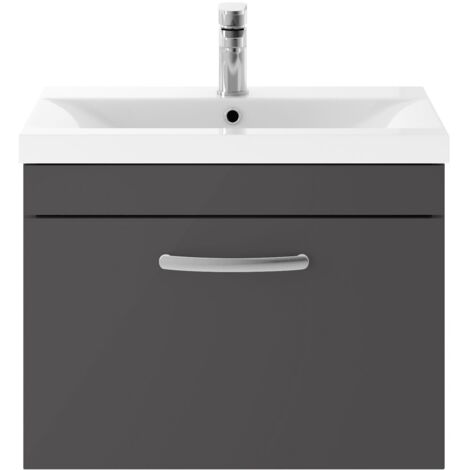 Nuie Athena Wall Hung 1-Drawer Vanity Unit with Basin-3 600mm Wide - Gloss Grey