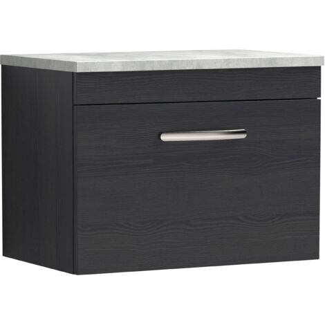 Nuie Athena Wall Hung 1-Drawer Vanity Unit with Grey Worktop 600mm Wide - Charcoal Black Woodgrain