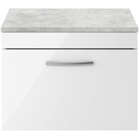 Nuie Athena Wall Hung 1-Drawer Vanity Unit with Grey Worktop 600mm Wide - Gloss White