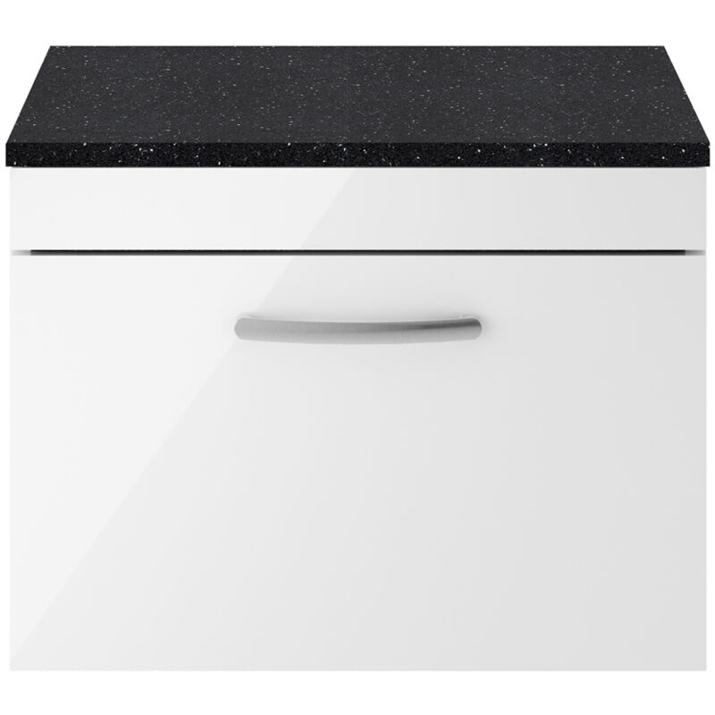 Athena Wall Hung 1-Drawer Vanity Unit with Sparkling Black Worktop 600mm Wide - Gloss White - Nuie