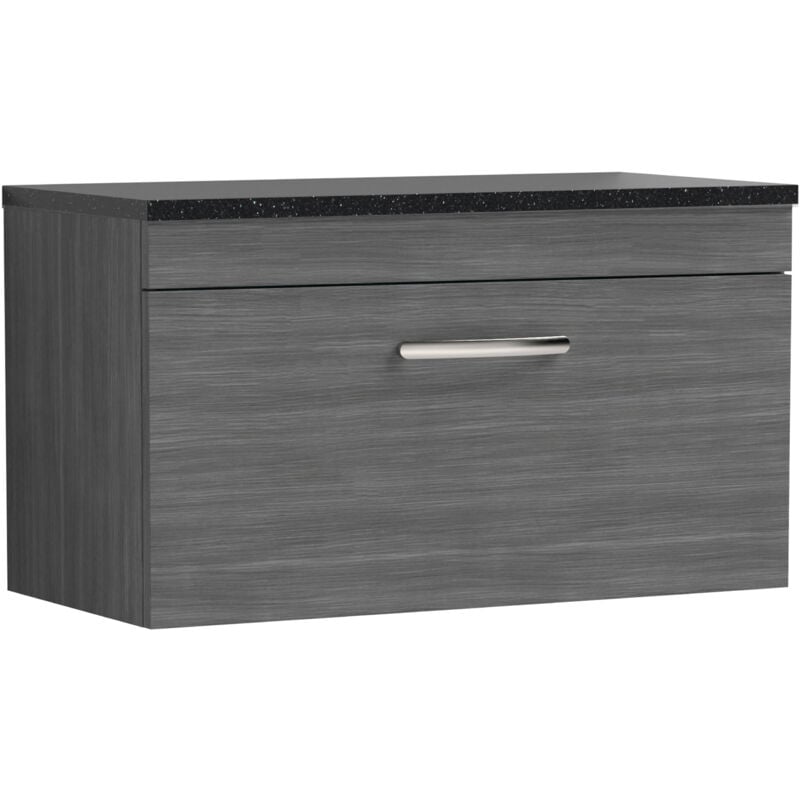Athena Wall Hung 1-Drawer Vanity Unit with Sparkling Black Worktop 800mm Wide - Brown Grey Avola - Nuie