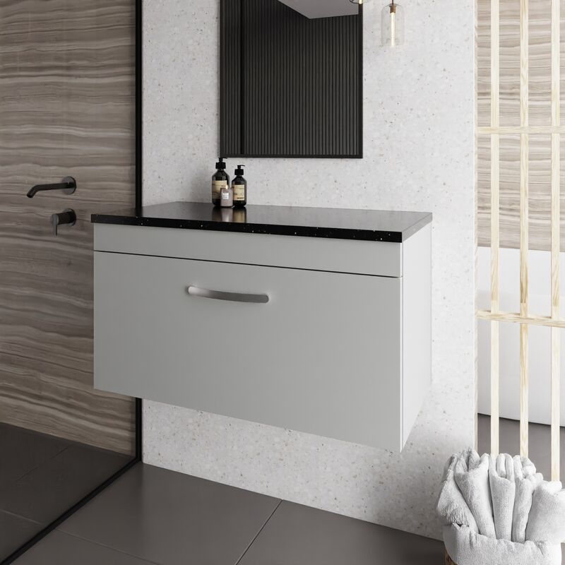 Athena Wall Hung 1-Drawer Vanity Unit with Sparkling Black Worktop 800mm Wide - Gloss Grey Mist - Nuie