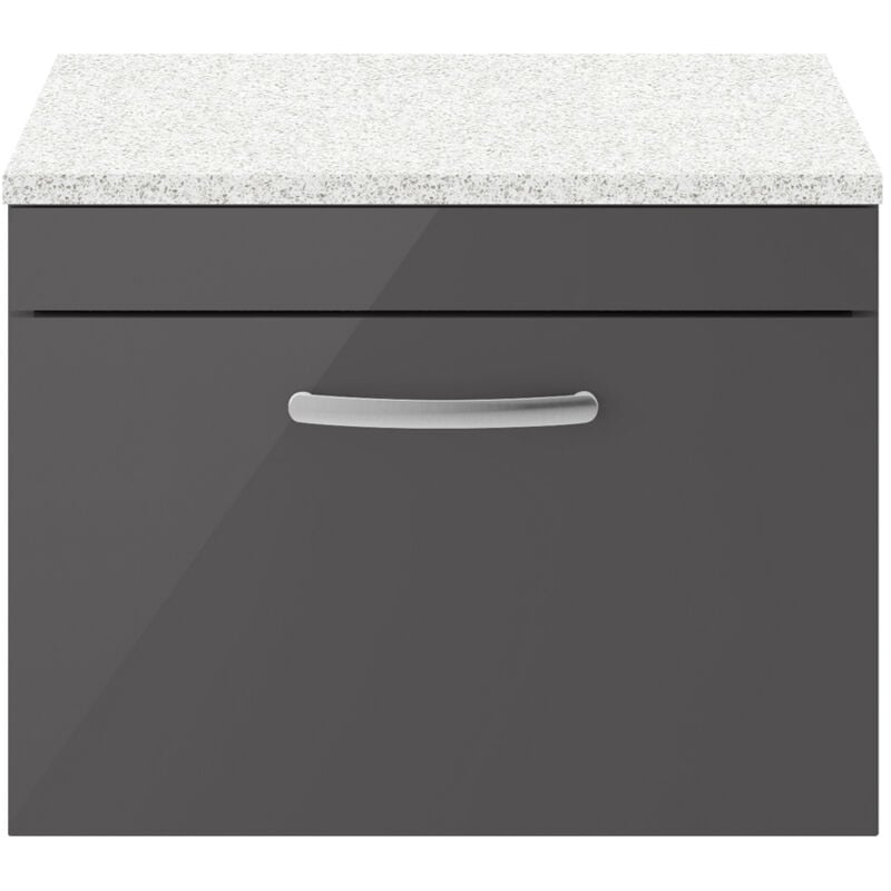 Athena Wall Hung 1-Drawer Vanity Unit with Sparkling White Worktop 600mm Wide - Gloss Grey - Nuie