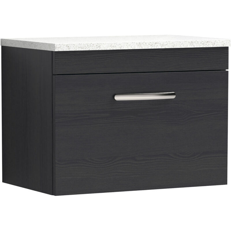 Athena Wall Hung 1-Drawer Vanity Unit with Sparkling White Worktop 600mm Wide - Hacienda Black - Nuie