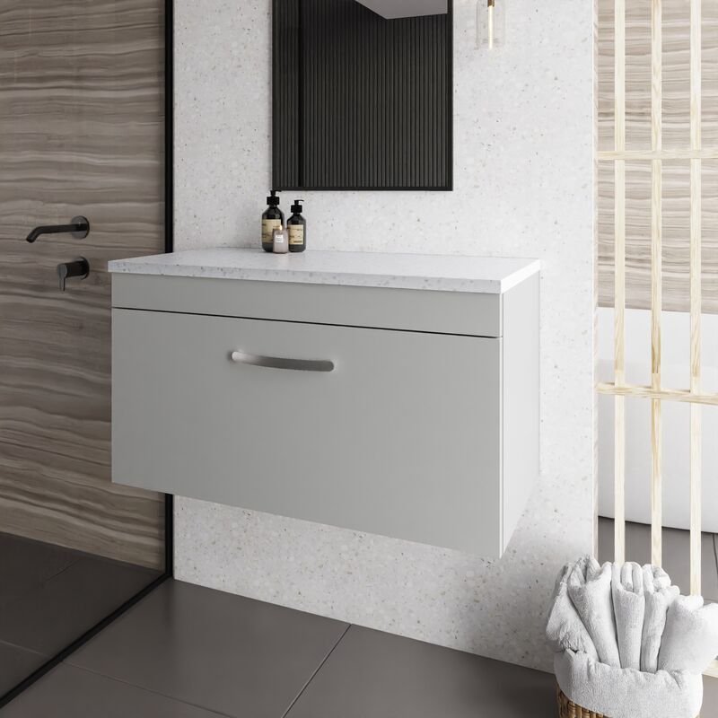 Athena Wall Hung 1-Drawer Vanity Unit with Sparkling White Worktop 800mm Wide - Gloss Grey Mist - Nuie