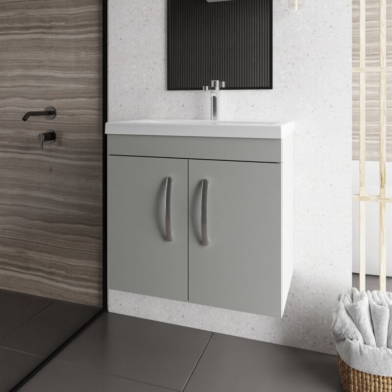 Athena Wall Hung 2-Door Vanity Unit with Basin-4 600mm Wide - Gloss Grey Mist - Nuie