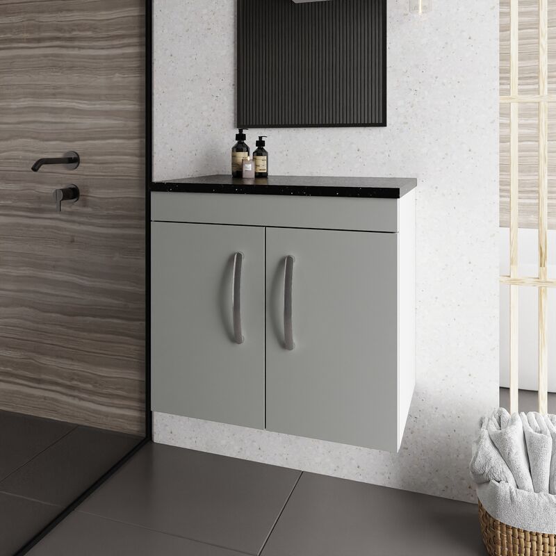 Nuie Athena Wall Hung 2-Door Vanity Unit with Sparkling Black Worktop 600mm Wide - Gloss Grey Mist