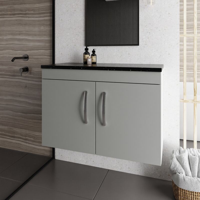 Athena Wall Hung 2-Door Vanity Unit with Sparkling Black Worktop 800mm Wide - Gloss Grey Mist - Nuie