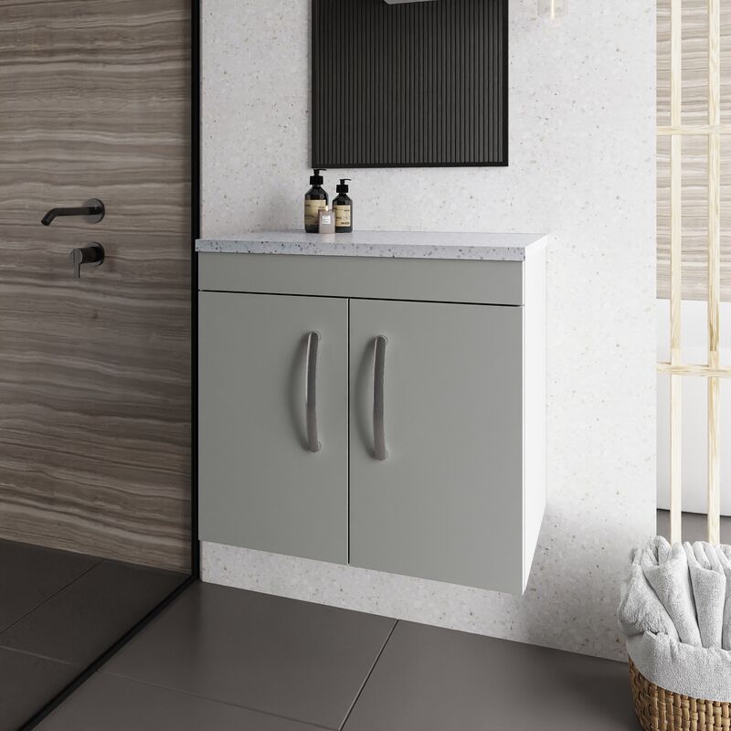 Athena Wall Hung 2-Door Vanity Unit with Sparkling White Worktop 600mm Wide - Gloss Grey Mist - Nuie