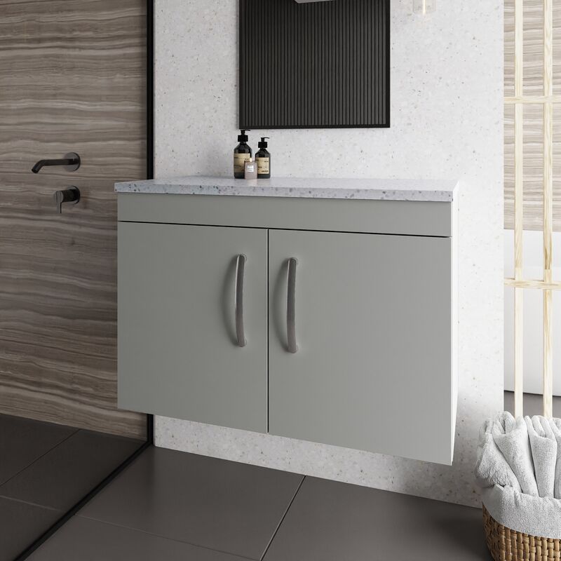 Athena Wall Hung 2-Door Vanity Unit with Sparkling White Worktop 800mm Wide - Gloss Grey Mist - Nuie