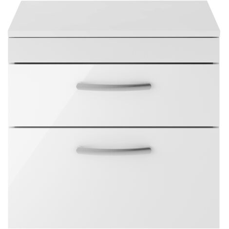 Nuie Athena Wall Hung 2-Drawer Vanity Unit and Worktop 600mm Wide - Gloss White