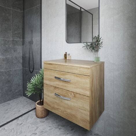 main image of "Nuie Athena Wall Hung 2-Drawer Vanity Unit and Worktop 600mm Wide - Natural Oak"