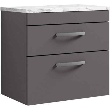 Nuie Athena Wall Hung 2-Drawer Vanity Unit with Carrera Marble Worktop 600mm Wide - Gloss Grey