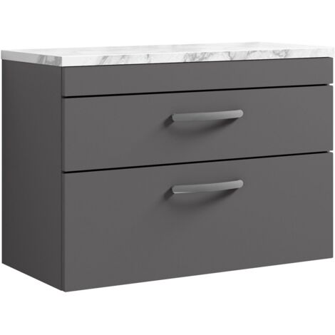 Nuie Athena Wall Hung 2-Drawer Vanity Unit with Carrera Marble Worktop 800mm Wide - Gloss Grey