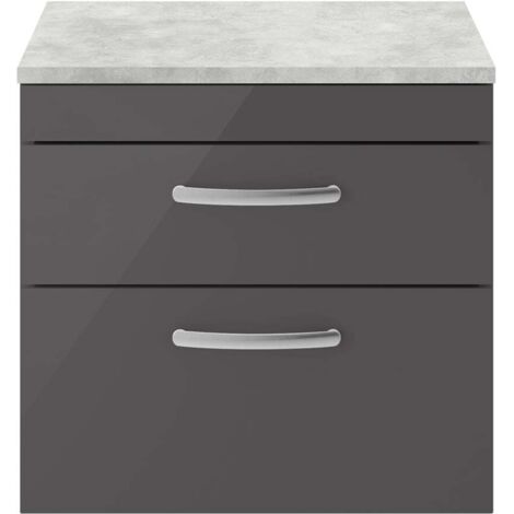 Nuie Athena Wall Hung 2-Drawer Vanity Unit with Grey Worktop 600mm Wide - Gloss Grey