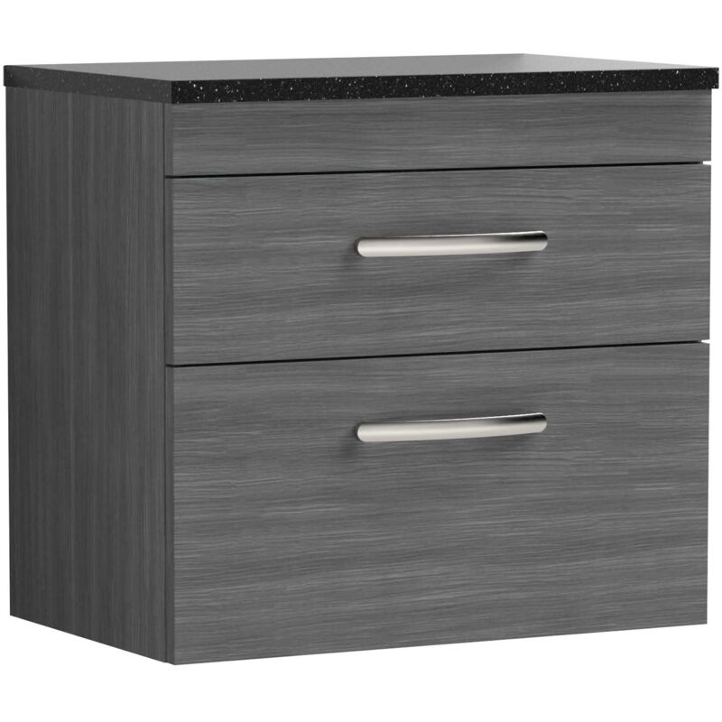 Athena Wall Hung 2-Drawer Vanity Unit with Sparkling Black Worktop 600mm Wide - Brown Grey Avola - Nuie