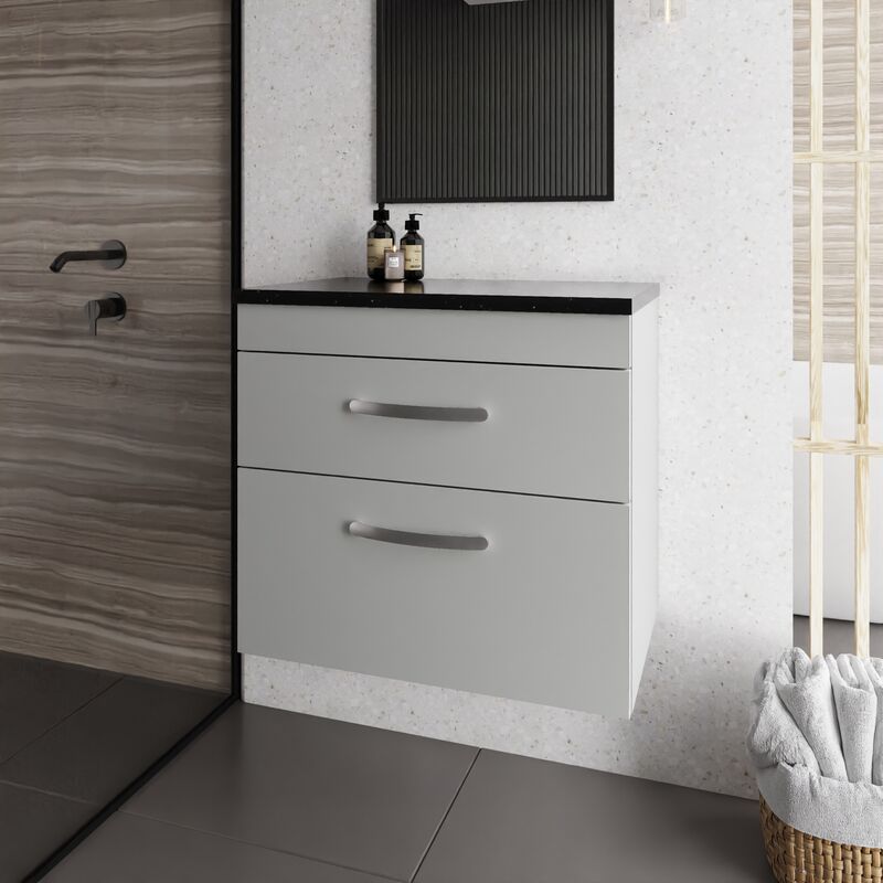 Athena Wall Hung 2-Drawer Vanity Unit with Sparkling Black Worktop 600mm Wide - Gloss Grey Mist - Nuie