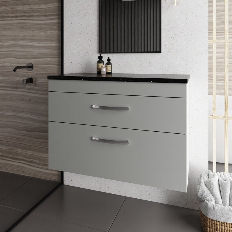 Athena Wall Hung 2-Drawer Vanity Unit with Sparkling Black Worktop 800mm Wide - Gloss Grey Mist - Nuie