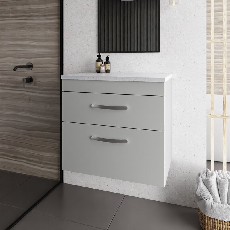 Athena Wall Hung 2-Drawer Vanity Unit with Sparkling White Worktop 600mm Wide - Gloss Grey Mist - Nuie