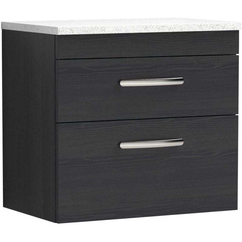 Athena Wall Hung 2-Drawer Vanity Unit with Sparkling White Worktop 600mm Wide - Hacienda Black - Nuie