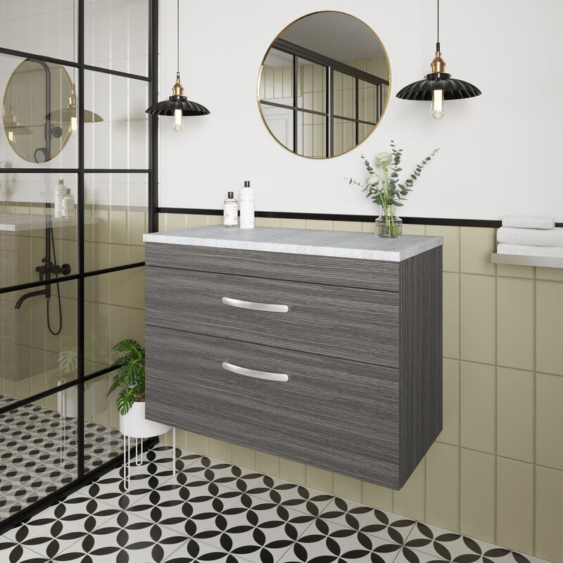 Athena Wall Hung 2-Drawer Vanity Unit with Sparkling White Worktop 800mm Wide - Brown Grey Avola - Nuie