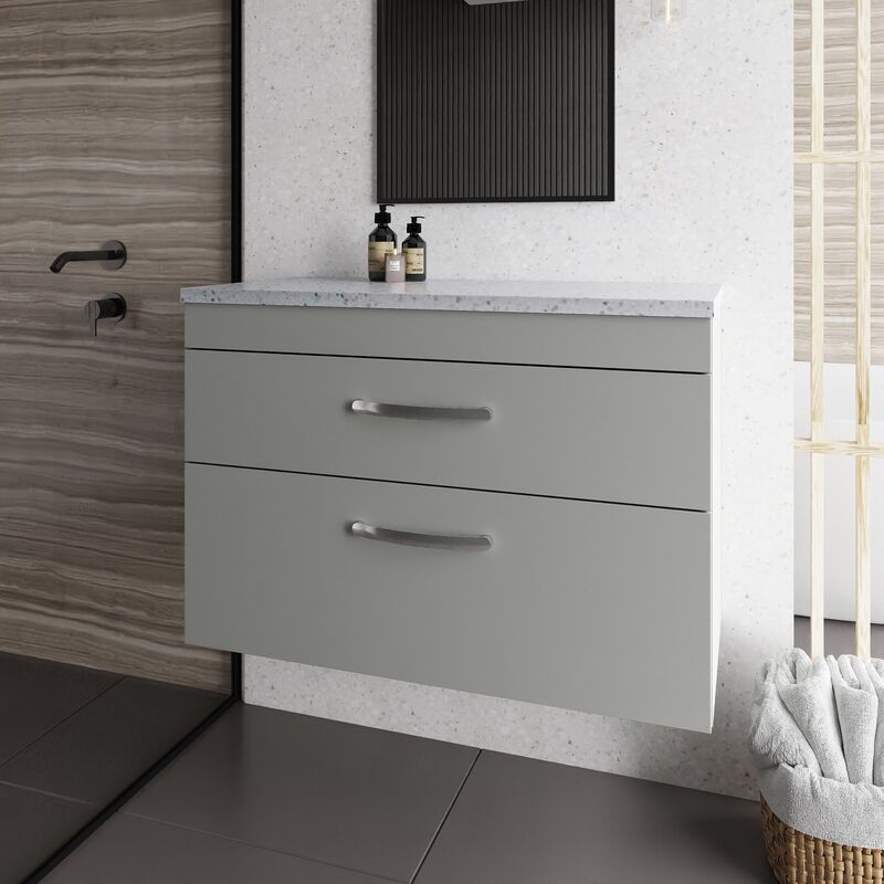 Athena Wall Hung 2-Drawer Vanity Unit with Sparkling White Worktop 800mm Wide - Gloss Grey Mist - Nuie