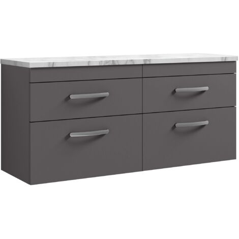 Nuie Athena Wall Hung 4-Drawer Vanity Unit with Carrera Marble Worktop 1200mm Wide - Gloss Grey