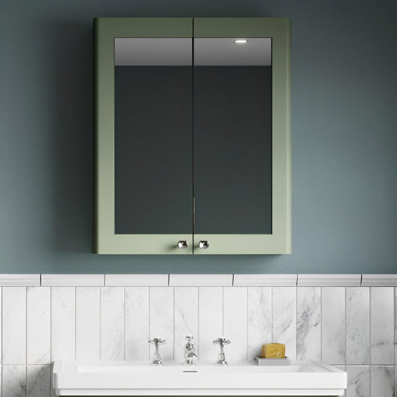 Classique 2-Door Mirrored Bathroom Cabinet 600mm Wide - Satin Green - Nuie