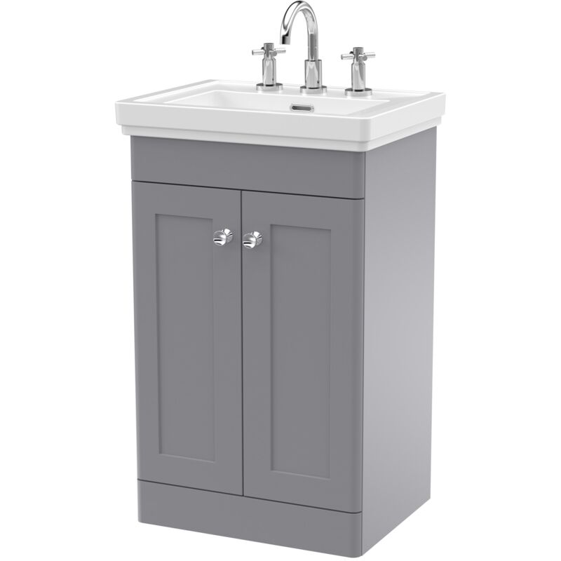 Nuie - Classique Floor Standing 2-Door Vanity Unit with Basin 500mm Wide Satin Grey - 3 Tap Hole