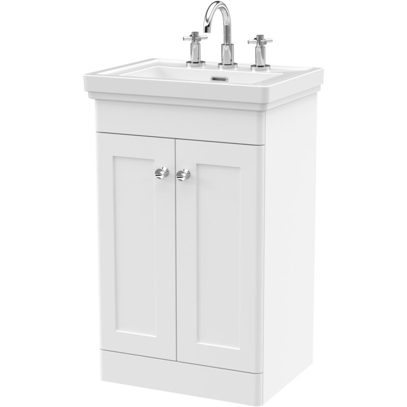 Nuie Classique Floor Standing 2-Door Vanity Unit with Basin 500mm Wide Satin White - 3 Tap Hole