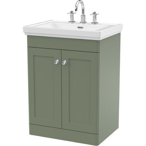 Nuie Classique Floor Standing 2-Door Vanity Unit with Basin 600mm Wide Satin Green - 3 Tap Hole