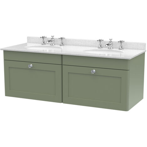 Nuie Classique Satin Green 1200mm Wall Hung 2 Drawer Vanity Unit with White Marble Countertop and 2 Round Basins with 6 Tap Holes - CLC894WR6