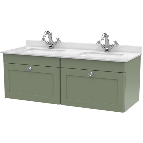 Nuie Classique Satin Green 1200mm Wall Hung 2 Drawer Vanity Unit with White Marble Countertop and 2 Square Basins with 2 Tap Holes - CLC894WS2