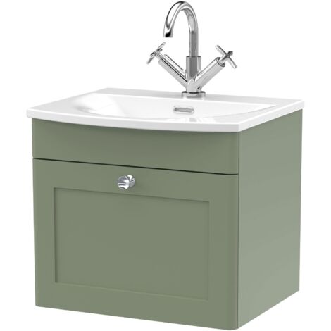 Nuie Classique Satin Green 500mm Wall Hung Single Drawer Vanity Unit and 30mm Profile Curved Basin - CLC891J