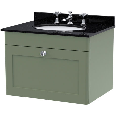 Nuie Classique Satin Green 600mm Wall Hung Single Drawer Vanity Unit with Black Marble Countertop and Round Basin with 3 Tap Holes - CLC894BR3