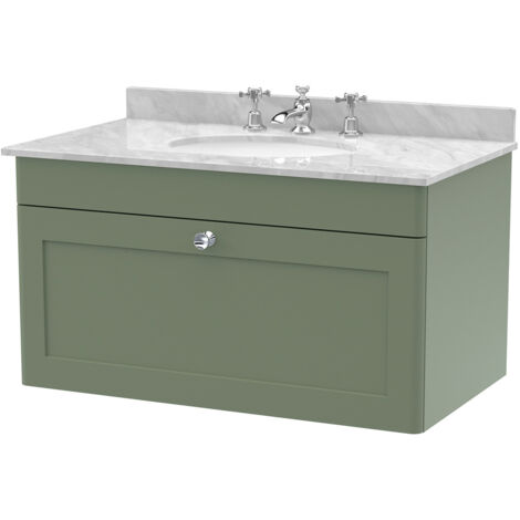 Nuie Classique Satin Green 800mm Wall Hung Single Drawer Vanity Unit with Grey Marble Countertop and Round Basin with 3 Tap Holes - CLC896GR3