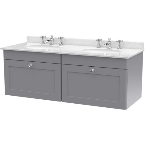 Nuie Classique Satin Grey 1200mm Wall Hung 2 Drawer Vanity Unit with White Marble Countertop and 2 Round Basins with 6 Tap Holes - CLC294WR6