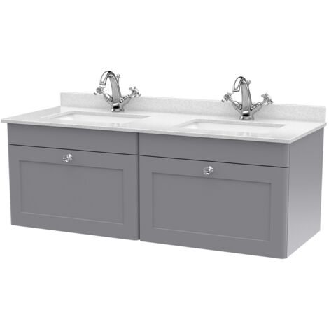 Nuie Classique Satin Grey 1200mm Wall Hung 2 Drawer Vanity Unit with White Marble Countertop and 2 Square Basins with 2 Tap Holes - CLC294WS2